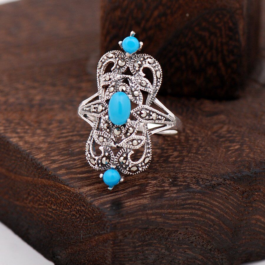 Turkuaz Ve Markazit Taşlı Tasarım Gümüş Yüzük 2288