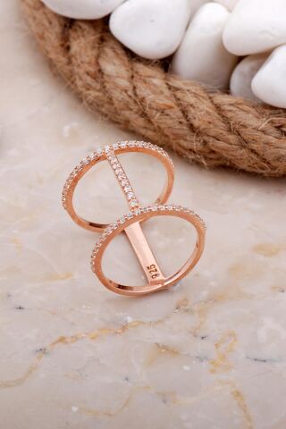 Zirkon Taşlı Tasarım Uzun Rose Gümüş Yüzük 3600