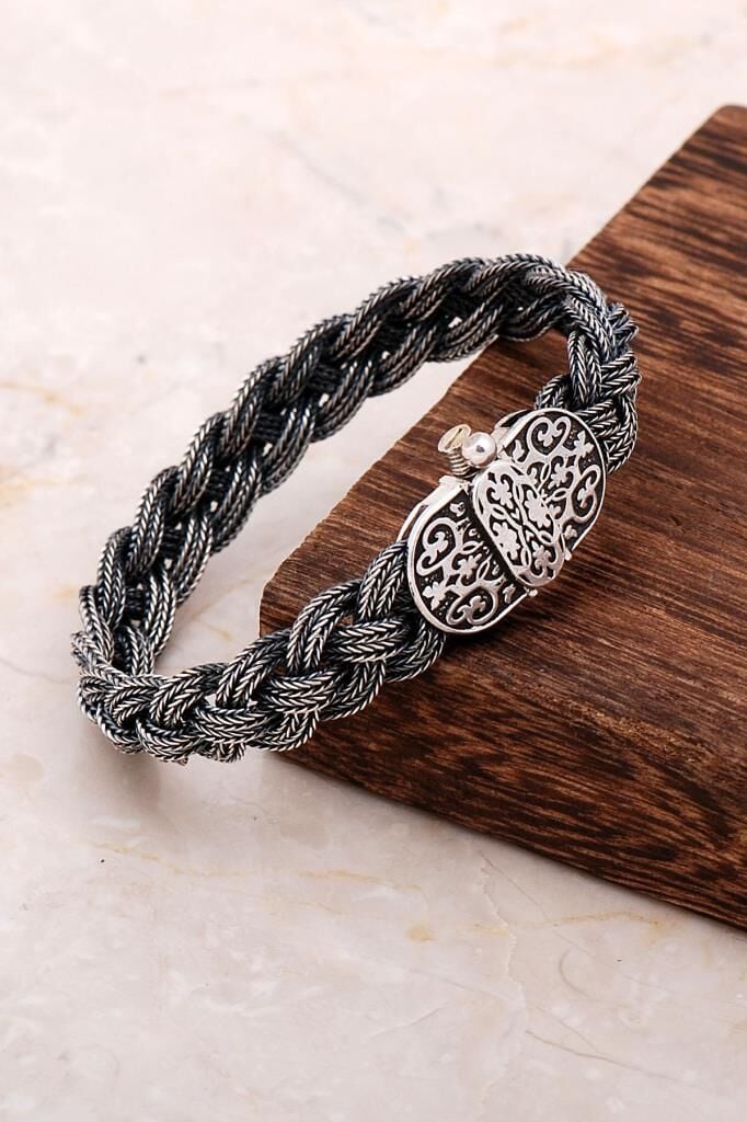 Midyat Hasırı Sarma Tasarım Gümüş Bileklik 3254