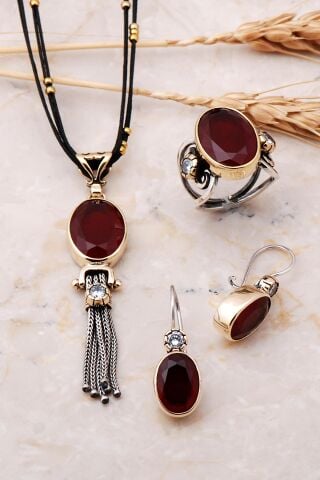 Kök Yakut Taşlı Tasarım Gümüş Set 1891