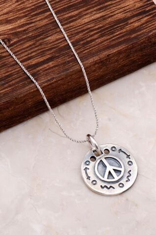 Peace Sign Antik Tasarım Gümüş Kolye 6707
