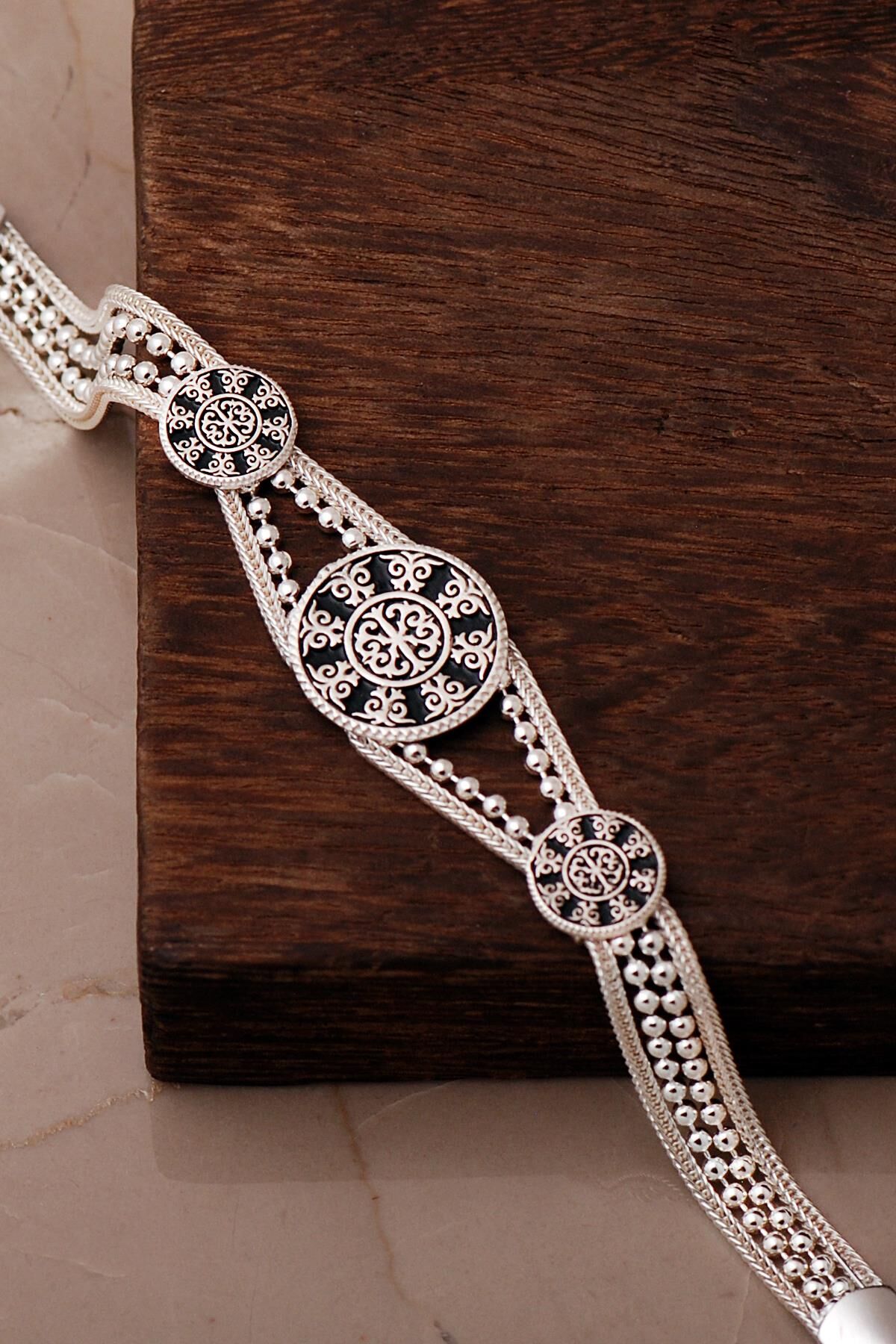 Anadolu Motifli Midyat Hasırı Mineli 925 Ayar Gümüş Bileklik 4879