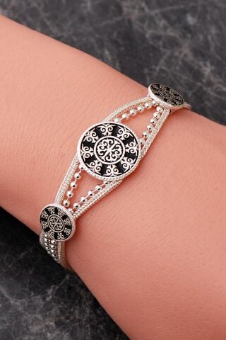 Anadolu Motifli Midyat Hasırı Mineli 925 Ayar Gümüş Bileklik 4879