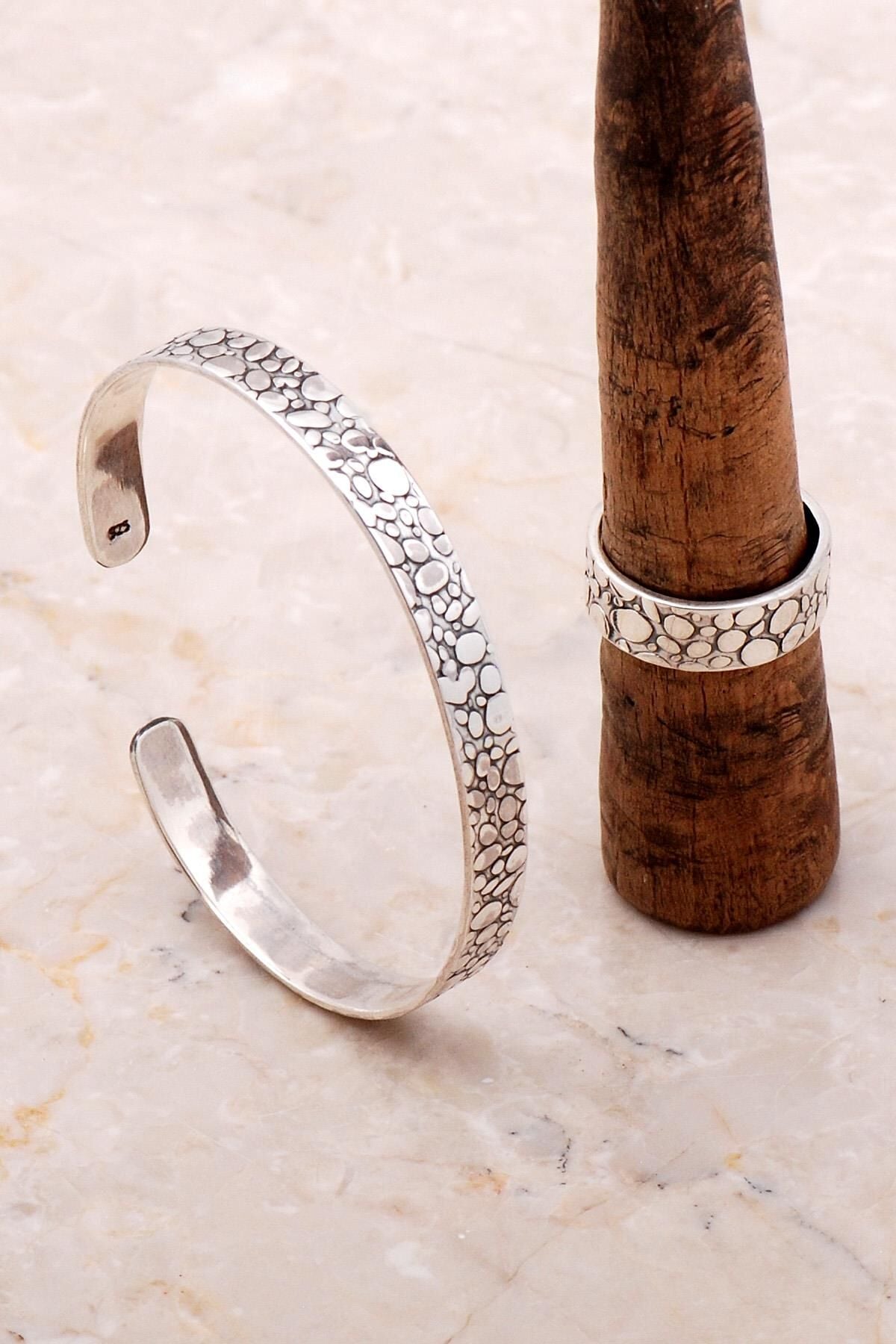 Gümüş Dövme Elişi Bilezik Yüzük Kombini 3687