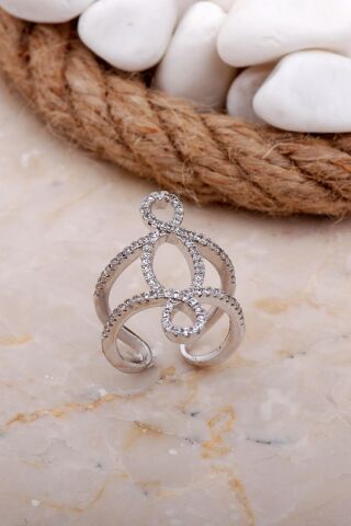 Tasarım Uzun Rodyumlu Gümüş Yüzük 3604