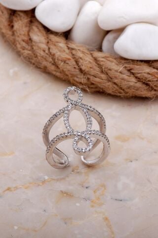 Tasarım Uzun Rodyumlu Gümüş Yüzük 3604