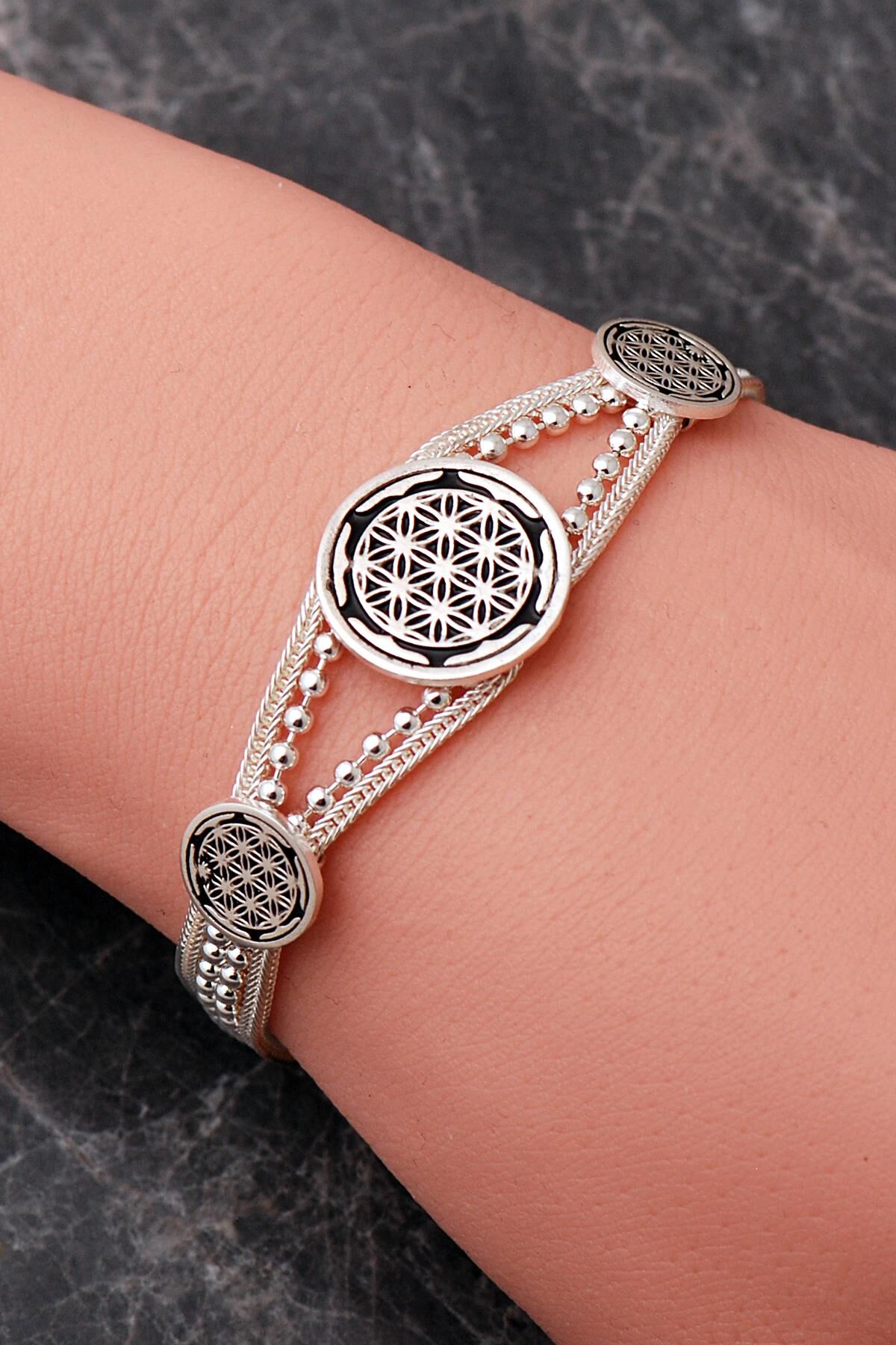 Yaşam Çiçeği Midyat Hasırı Mineli 925 Ayar Gümüş Bileklik 4880