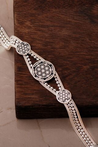 Yaşam Çiçeği Midyat Hasırı Mineli 925 Ayar Gümüş Bileklik 4880