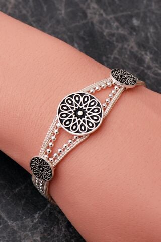Anadolu Motifli Midyat Hasırı Mineli 925 Ayar Gümüş Bileklik 4881