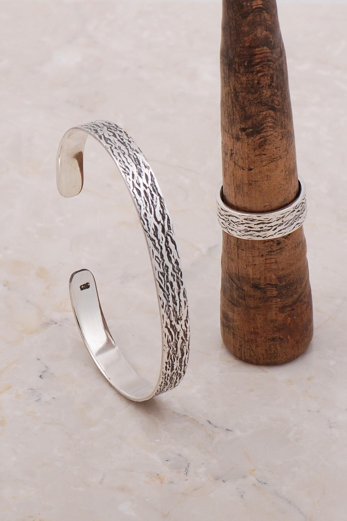 Gümüş Dövme Elişi Bilezik Yüzük Kombini 3689