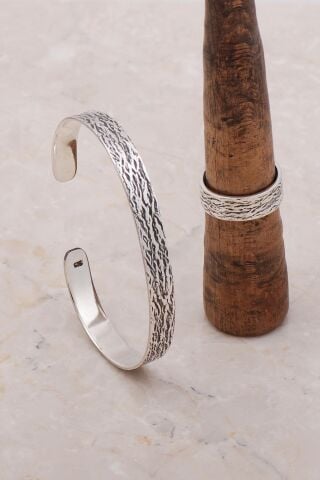 Gümüş Dövme Elişi Bilezik Yüzük Kombini 3689