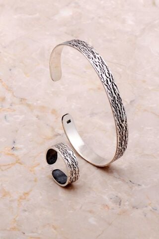 Gümüş Dövme Elişi Bilezik Yüzük Kombini 3689