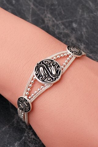 Lale Motifli Midyat Hasırı Mineli 925 Ayar Gümüş Bileklik 4882