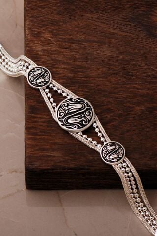 Lale Motifli Midyat Hasırı Mineli 925 Ayar Gümüş Bileklik 4882