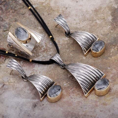 Rutil Kuvars Taşlı Dövme Tasarım Gümüş Set 1764