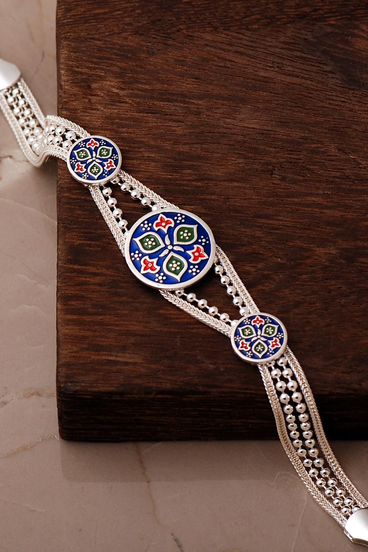 Renkli Mineli Anadolu Motifli Midyat Hasırı 925 Ayar Gümüş Bileklik 4883