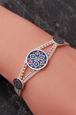Renkli Mineli Anadolu Motifli Midyat Hasırı 925 Ayar Gümüş Bileklik 4883