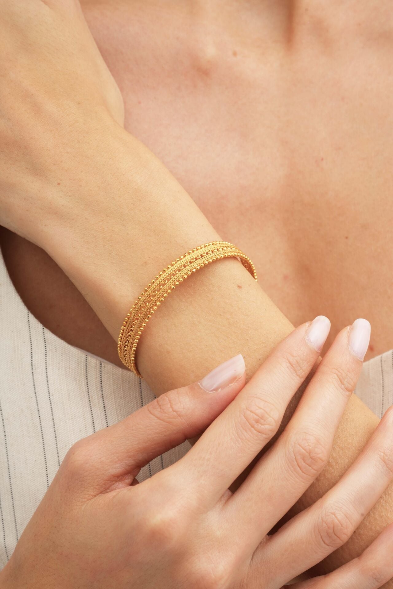 Altın Yaldızlı Hasır Elişi Gümüş Bilezik 3692