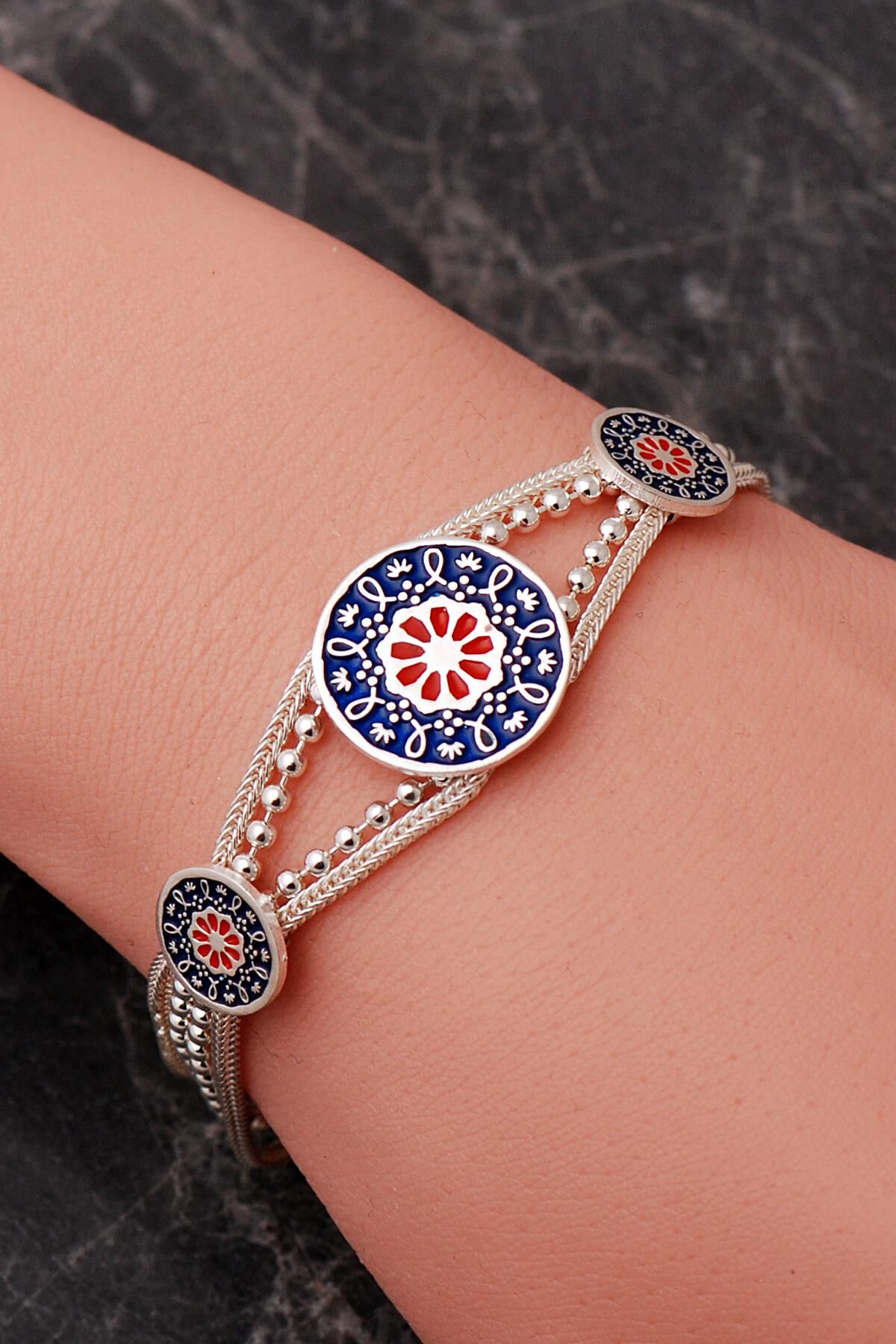 Renkli Mineli Anadolu Motifli Midyat Hasırı 925 Ayar Gümüş Bileklik 4884