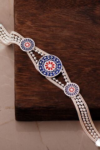 Renkli Mineli Anadolu Motifli Midyat Hasırı 925 Ayar Gümüş Bileklik 4884