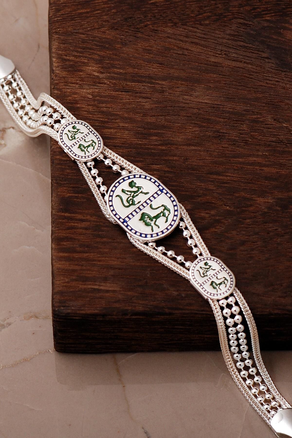 Özgürlüğün Ruhu Sembolü Yeşil Mineli Midyat Hasırı 925 Ayar Gümüş Bileklik 4885