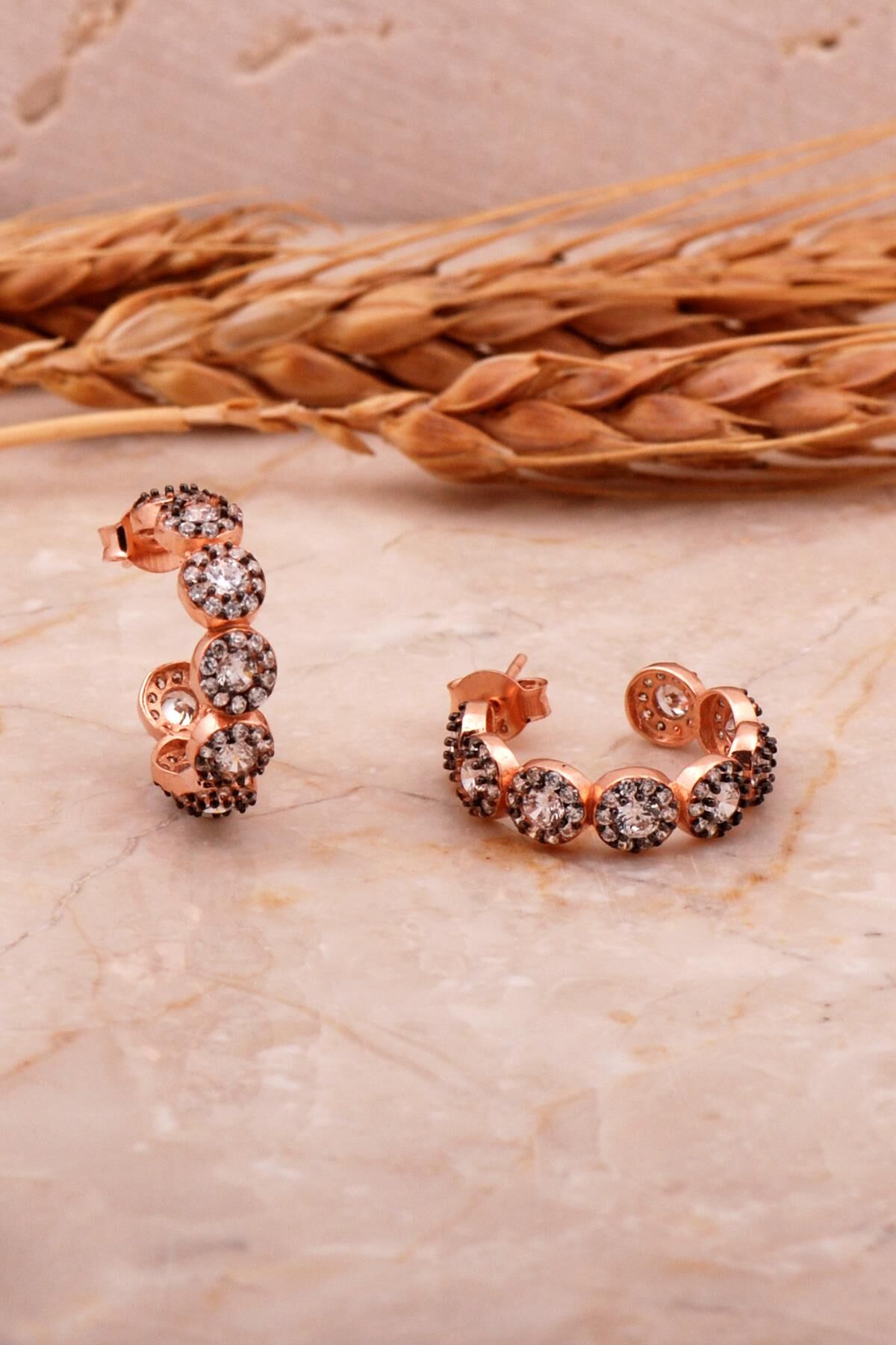 Rose Gümüş Elmas Montürlü Halka Küpe 4111