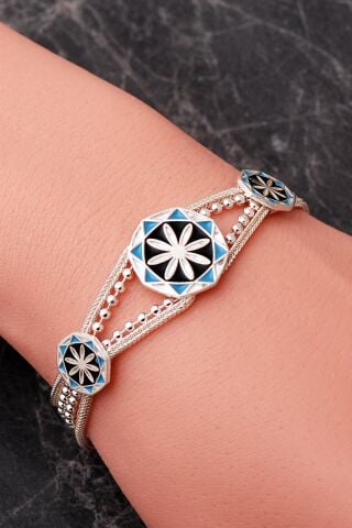 İki Farklı Renk Seçenekli Mineli Anadolu Motifli Midyat Hasırı 925 Ayar Gümüş Bileklik 4886