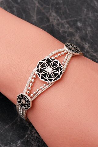 İki Farklı Renk Seçenekli Mineli Anadolu Motifli Midyat Hasırı 925 Ayar Gümüş Bileklik 4886