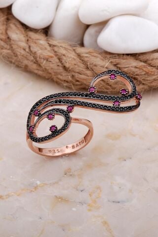 Tasarım Siyah Taşlı Rose Gümüş Yüzük 3613