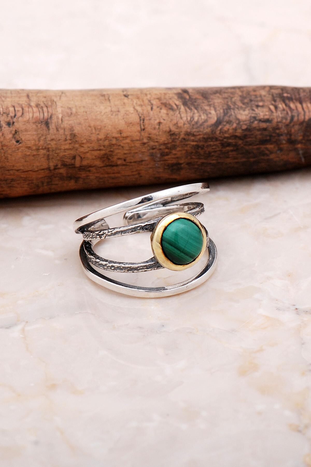 Malakit Taşlı Tasarım Elişi Gümüş Yüzük 3034