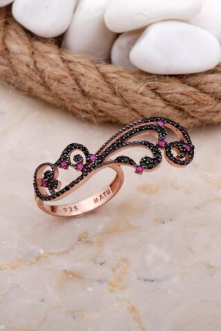 Tasarım Siyah Taşlı Rose Gümüş Yüzük 3614