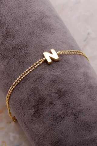 N Harfi Altın Kaplama Gümüş Bileklik 4229