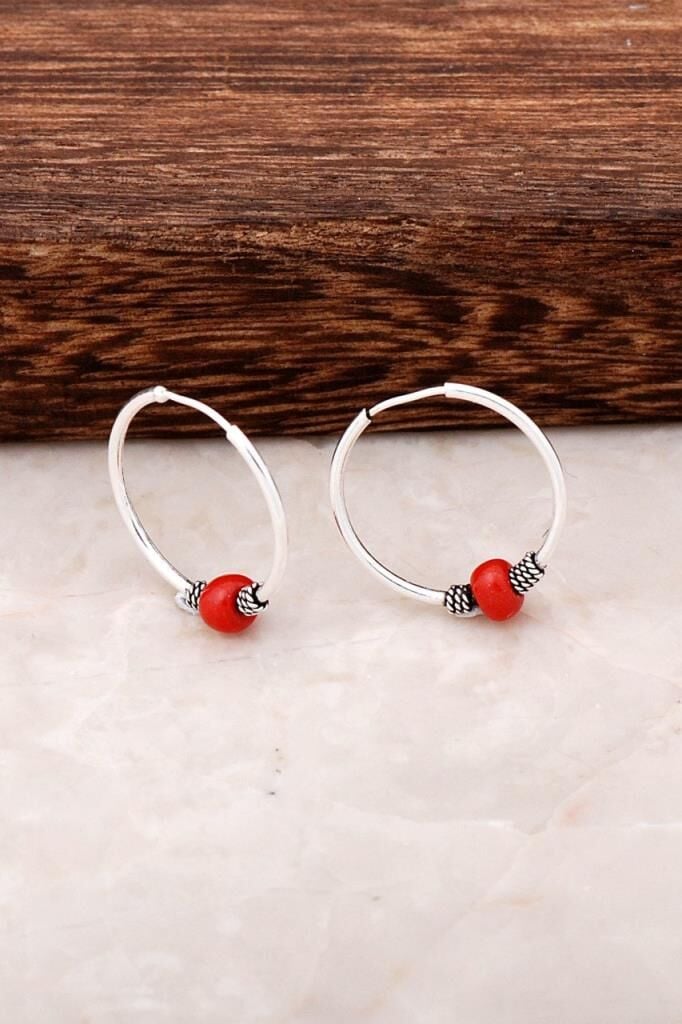 Mercan Taşlı Gümüş 17 Mm Halka Küpe 4519