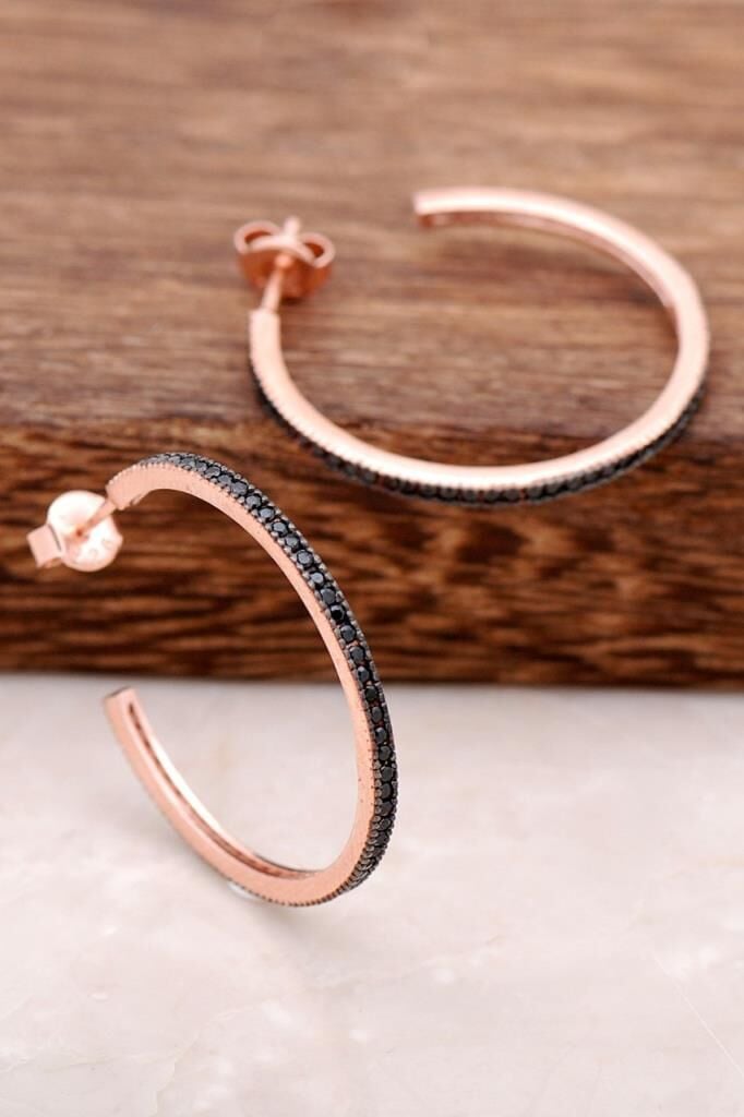 Siyah Safir Taşlı Rose Gümüş Halka Küpe 3704