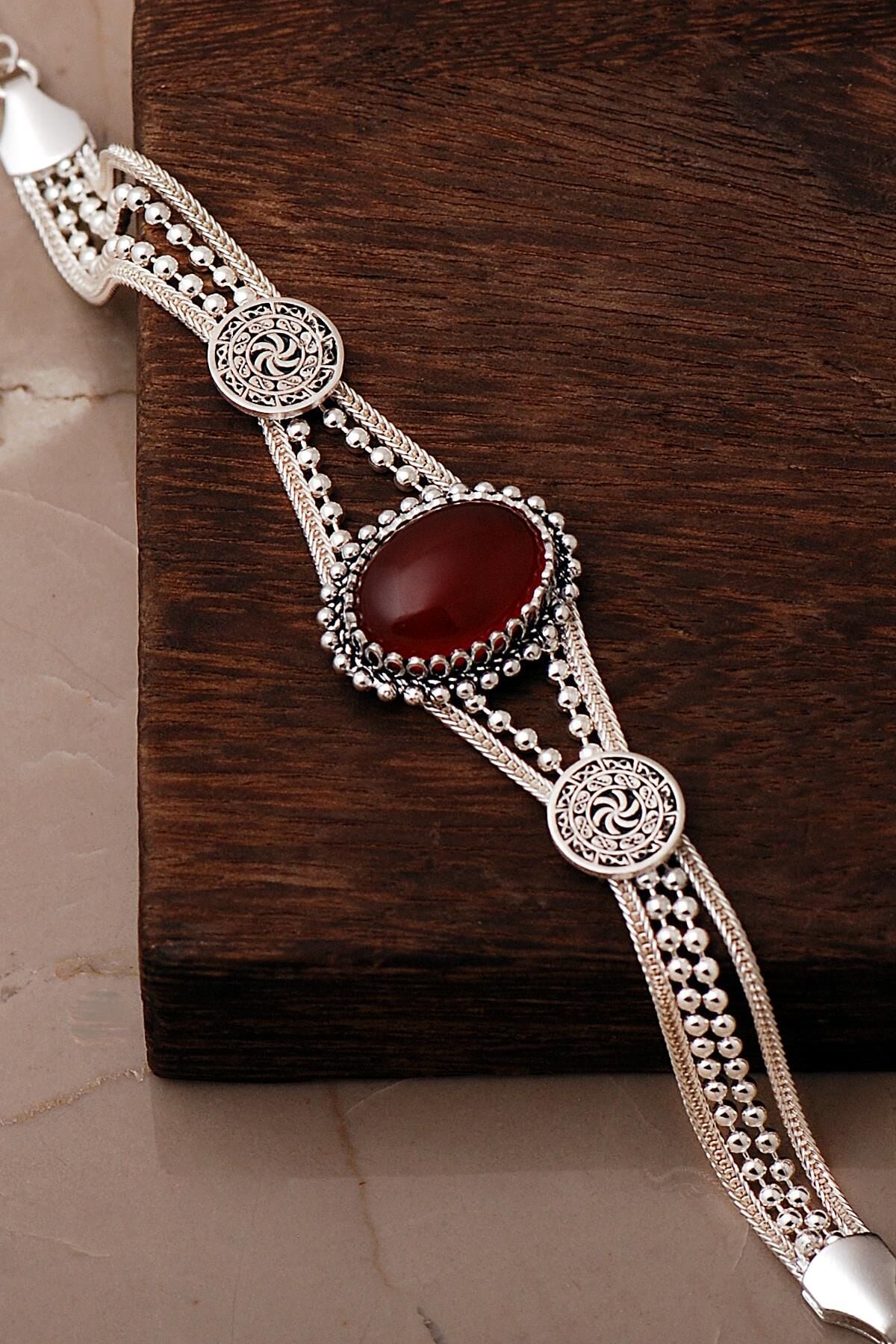 3 Farklı Doğal Taş Seçenekli Anadolu Motifli Midyat Hasırı 925 Ayar Gümüş Oval Bileklik 4888