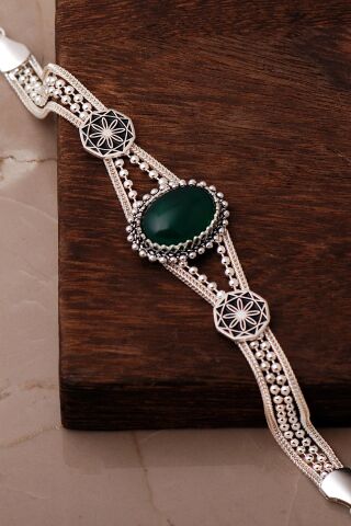 3 Farklı Doğal Taş Seçenekli Anadolu Motifli Midyat Hasırı 925 Ayar Gümüş Oval Bileklik 4888