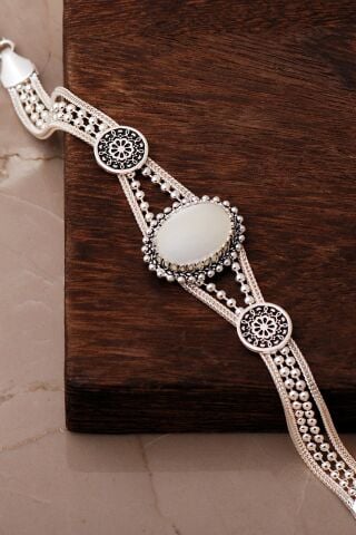 3 Farklı Doğal Taş Seçenekli Anadolu Motifli Midyat Hasırı 925 Ayar Gümüş Oval Bileklik 4888