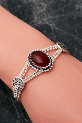 3 Farklı Doğal Taş Seçenekli Anadolu Motifli Midyat Hasırı 925 Ayar Gümüş Oval Bileklik 4888