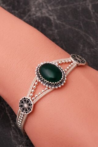 3 Farklı Doğal Taş Seçenekli Anadolu Motifli Midyat Hasırı 925 Ayar Gümüş Oval Bileklik 4888