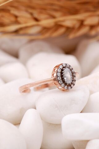 Elmas Montürlü Oval Rose Gümüş Yüzük 3212