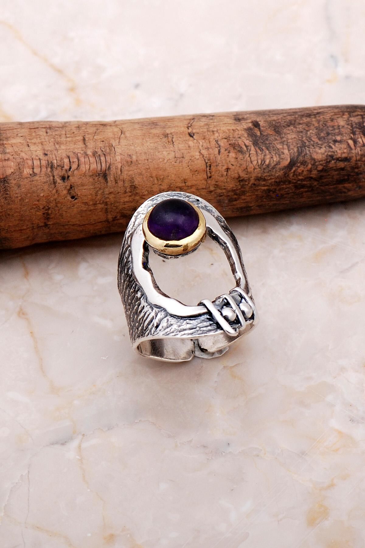 Ametist Taşlı Elişi Gümüş Tasarım Yüzük 3040