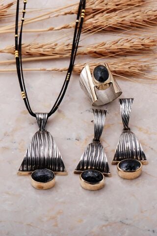 Rutil Kuvars Taşlı Dövme Tasarım Gümüş Set 1765