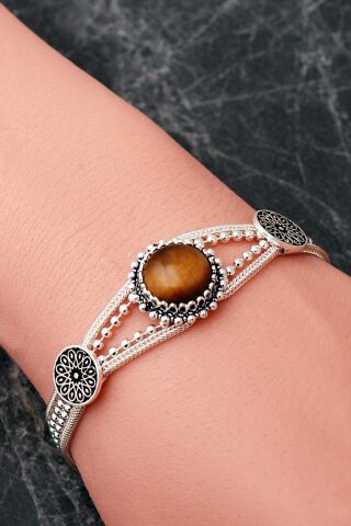 2 Farklı Doğal Taş Seçenekli Anadolu Motifli Midyat Hasırı 925 Ayar Gümüş Bileklik 4889