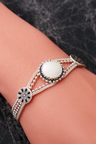 2 Farklı Doğal Taş Seçenekli Anadolu Motifli Midyat Hasırı 925 Ayar Gümüş Bileklik 4889