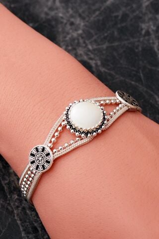 2 Farklı Doğal Taş Seçenekli Anadolu Motifli Midyat Hasırı 925 Ayar Gümüş Bileklik 4889