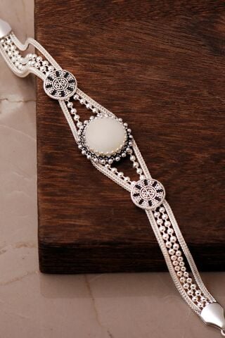 2 Farklı Doğal Taş Seçenekli Anadolu Motifli Midyat Hasırı 925 Ayar Gümüş Bileklik 4889