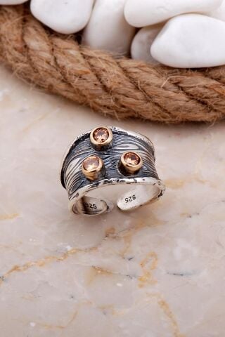 Topaz Taşlı Çekiç Dövme Elişi Gümüş Yüzük 3621