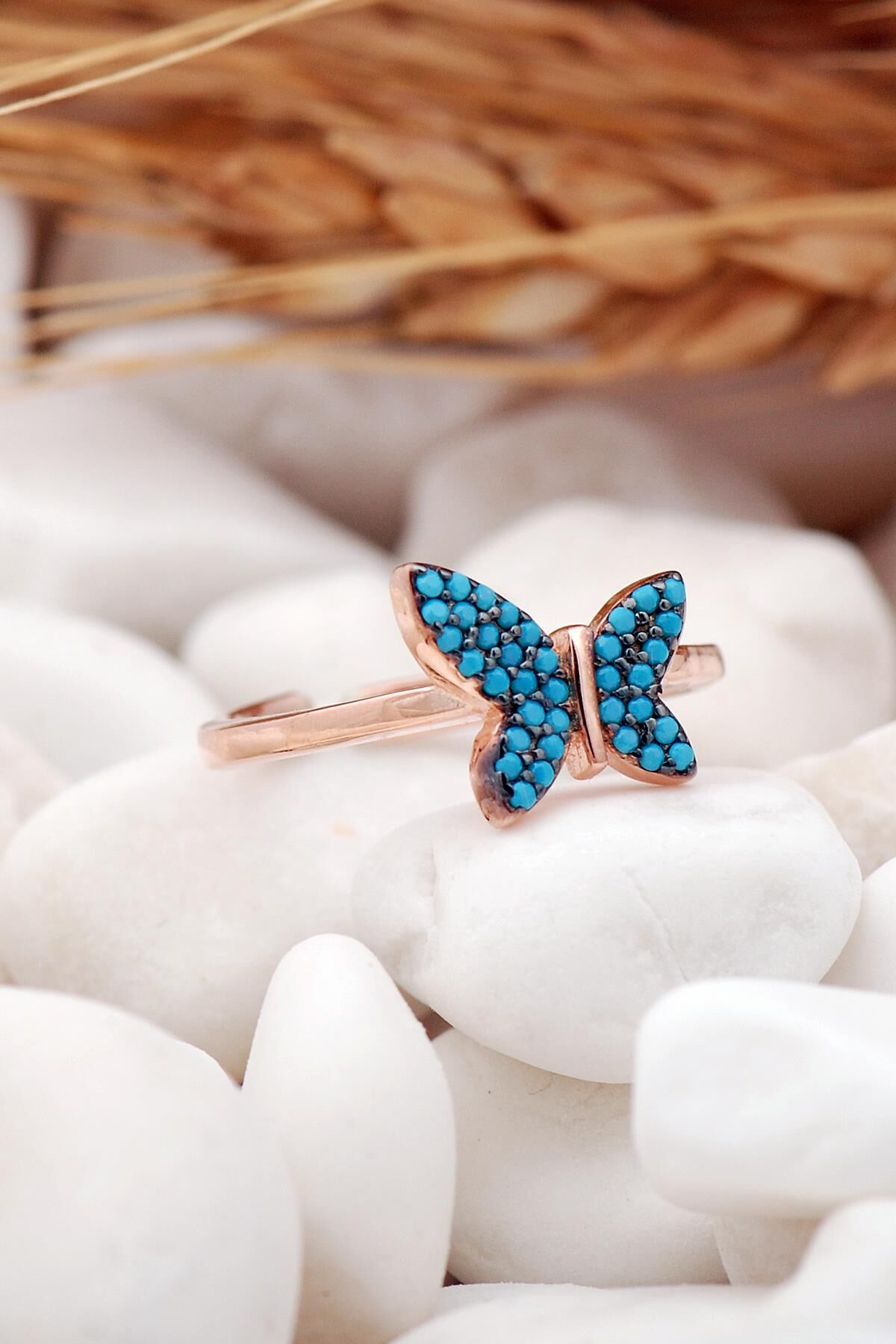 Turkuaz Taşlı Kelebek Rose Gümüş Yüzük 3216