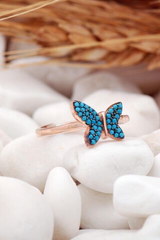 Turkuaz Taşlı Kelebek Rose Gümüş Yüzük 3216