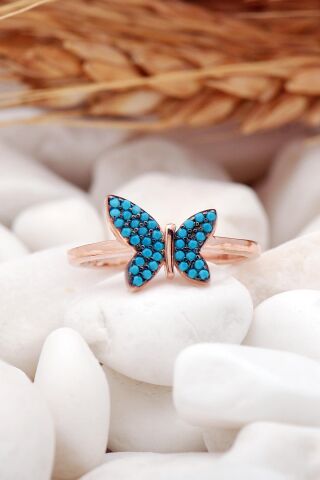 Turkuaz Taşlı Kelebek Rose Gümüş Yüzük 3216